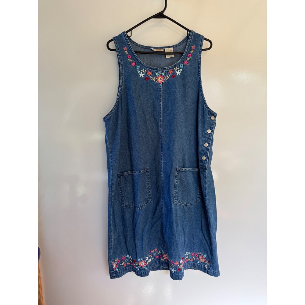 Expressions Vintage Denim Floral Embroidered Dress XL Blue Cotton Pinafore